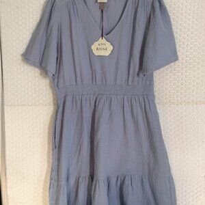 NWT Knox Rose Blue Peasant Dress- Flutter Sleeves, V-Neck, Ruffle Trim-Size L